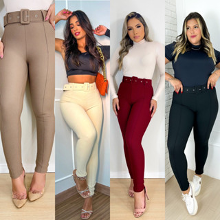 Calça Skinny montaria com cinto, bolso no bumbum - tecido pop - p ao gg veste até 48