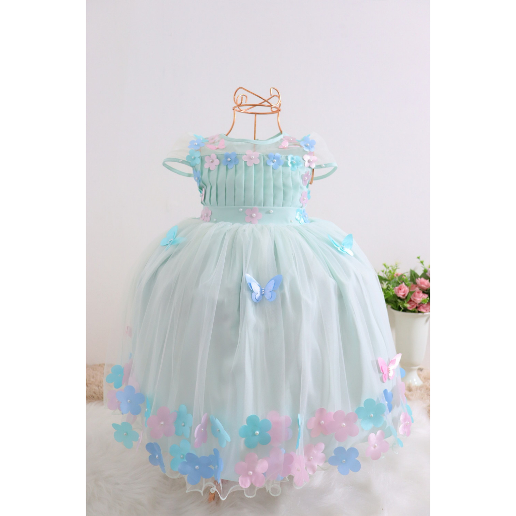 Vestido De Festa Verde Tiffany Infantil Borboletas e flores Jardim Encantado Super Luxo
