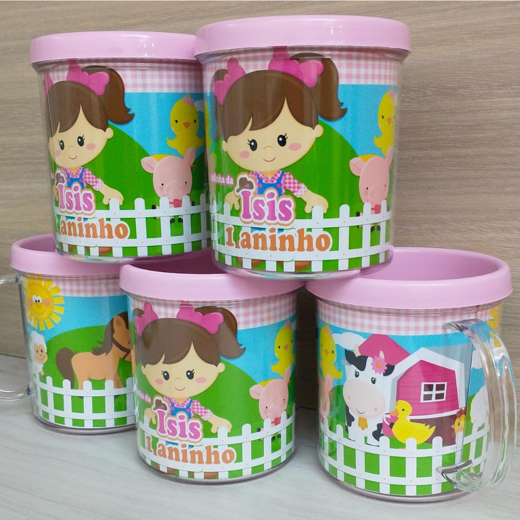 12 caneca acrílica personalizada para festa infantil lembrancinha fazendinha