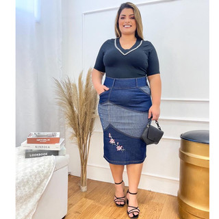 Saia Jeans Midi Coz Alta Com Lycra Strech Bordada Mary