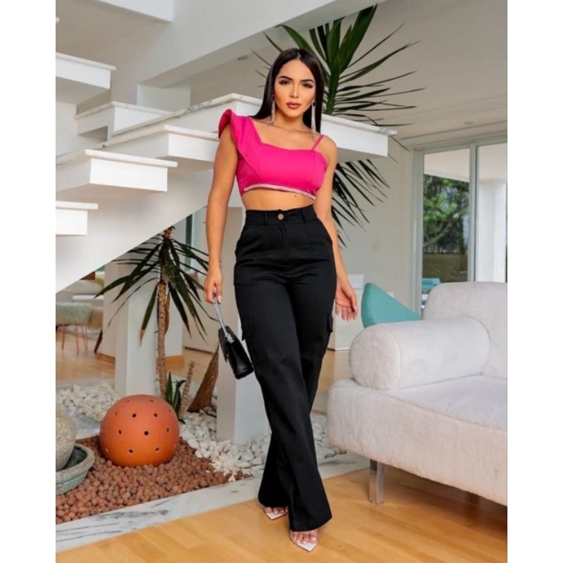 calça cargo wide leg feminina sarja preta wissam jeans