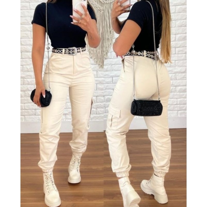 calça cargo joker feminino sarja Bege wissam jeans