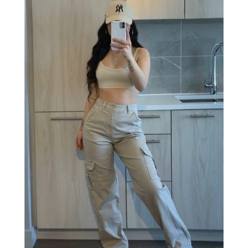 calça cargo wide leg feminina sarja Bege wissam jeans