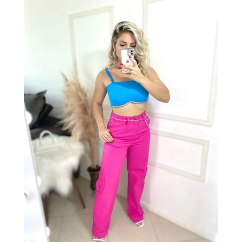 calça cargo wide leg feminina sarja pinki wissam jeans