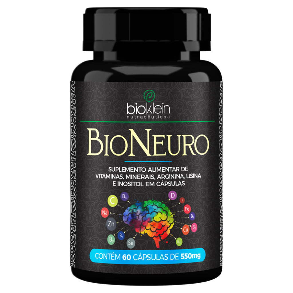 BioNeuro 60 Cápsulas 550mg Bio Neuro Bioklein Lisina Arginina Inositol Colina Zinco Iodo Selenio Vitaminas D3 B12 C B6