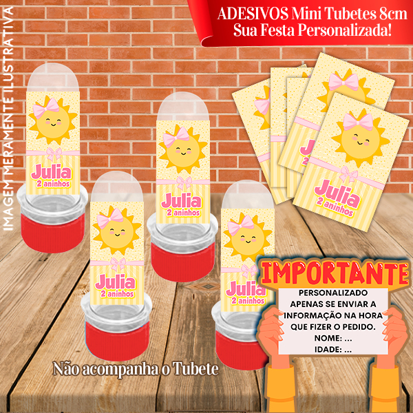 30 Adesivos de Mini Tubete 8cm Personalizado Raio de Sol Menina e Menino