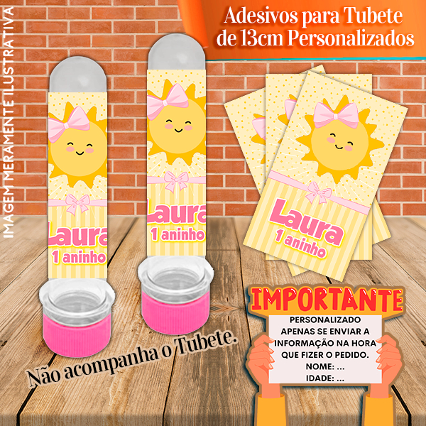 Rótulos adesivos para tubetes de 13 cm Personalizados Raio de Sol Menina