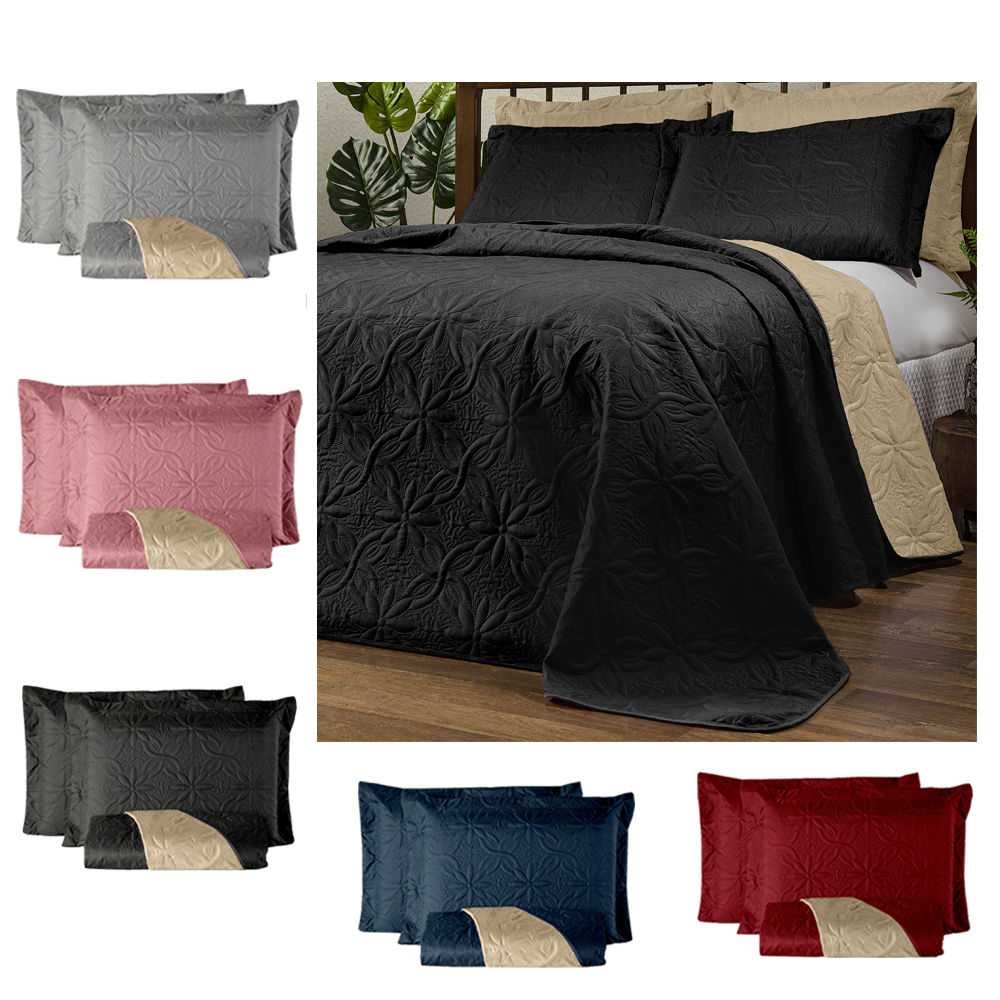 Cobre leito Dupla Face Floral Casal Queen 3 peças 160 Fios Colcha Bouti - Preto