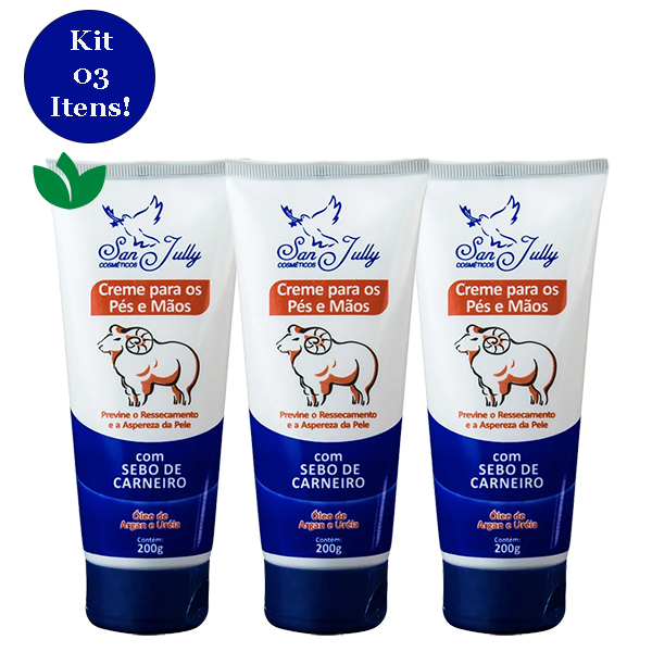 Kit 3 Unidades Creme Pés e Mão Com Sebo De Carneiro Bisnaga 200g San Jully