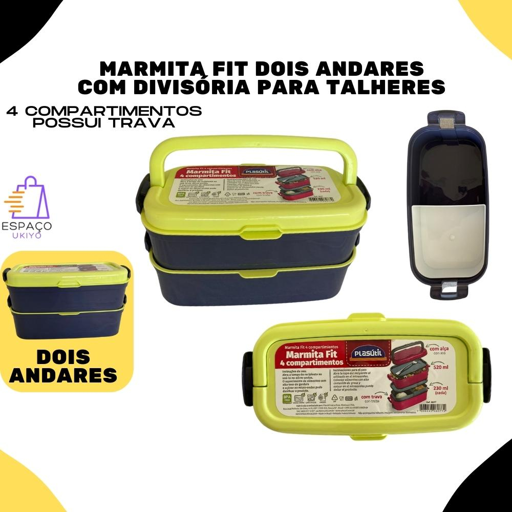 Marmita 4 em 1 520ml Lancheira Pote Fit Fitness Com Alça Travas Divisórias 4 Compartimentos Espaço Para Salada