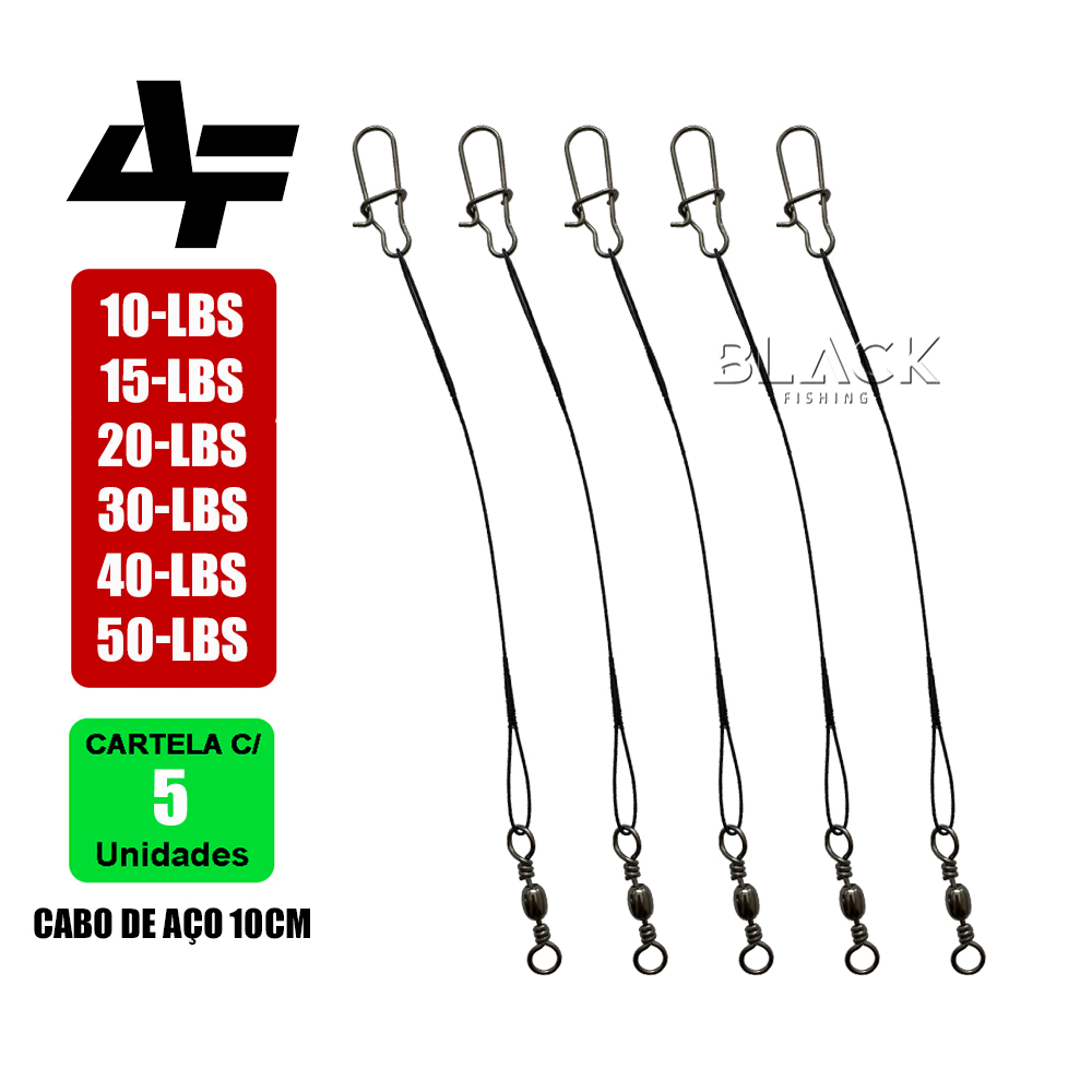Chicote Pesca Kit 5 Cabo de Aço Com Snap Encastoador Girador Pescaria Praia Lagos Represas