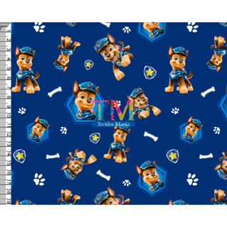 Tecido tricoline, microfibra ou gabardine estampado - Patrulha canina - Chase - Fundo azul marinho - 0.50 cm