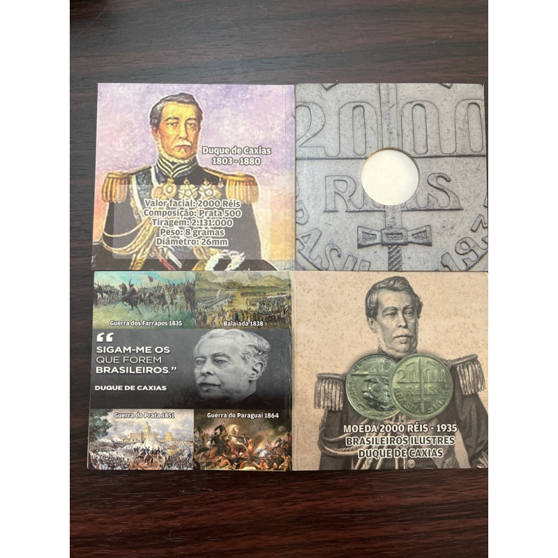 Encarte com moeda 2000 réis 1935 prata 500 Brasileiros Ilustres Duque De Caxias