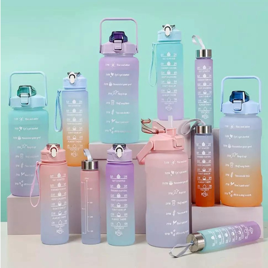 Kit da Garrafa de Água Squeeze Motivacional Com Adesivos 300ML+900ML+2000ML