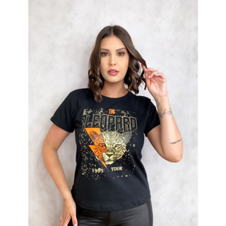 T-shirts Camiseta feminina manga curta com estampa de algodão Cor:preto