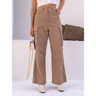 CALCA MODA FEMININAS CARGO DE LINHO COM DETALHES CINTURA ALTA E LATEX