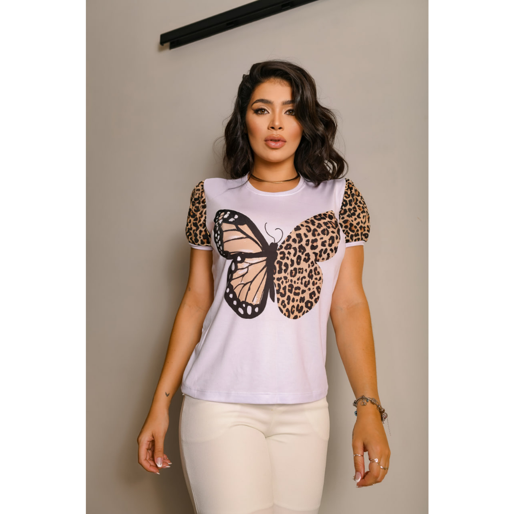 Detalhes do Tshirt Feminina Luxo Borboleta Animal Print Blusa Estampada Manga Curta Básico Gola Redonda