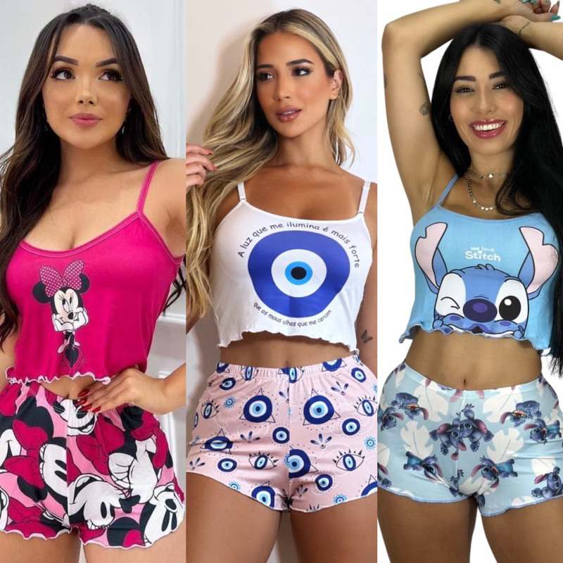 Pijama Personagem Suede Baby Doll Blogueirinha Cropped Short doll Ondinha Stitch Netflix