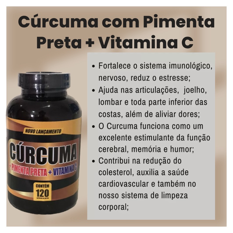 Cúrcuma + Pimenta Preta + VITAMINA C - 120 cápsulas 500 mg