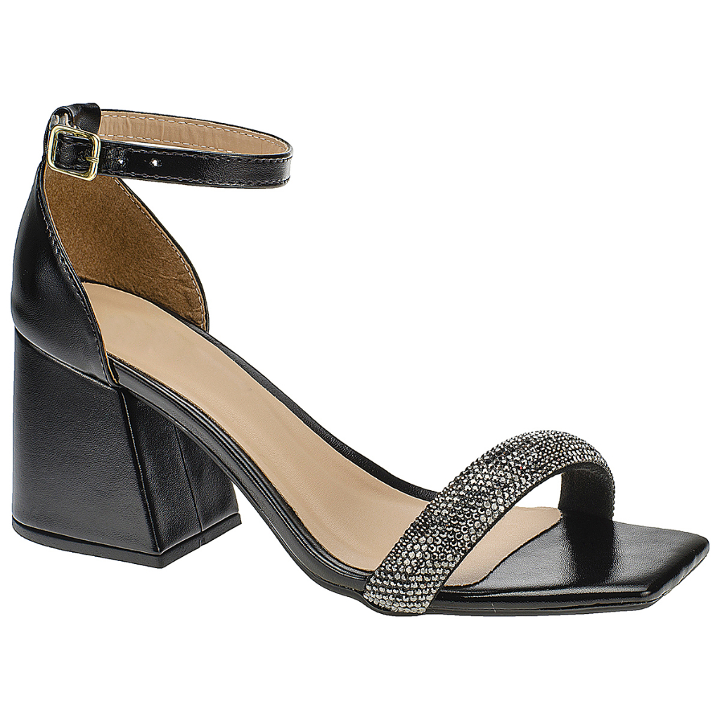 Sandália Feminina Salto Bloco com Tira de Strass Brilhante Confortável 300-135 - Women Shoes