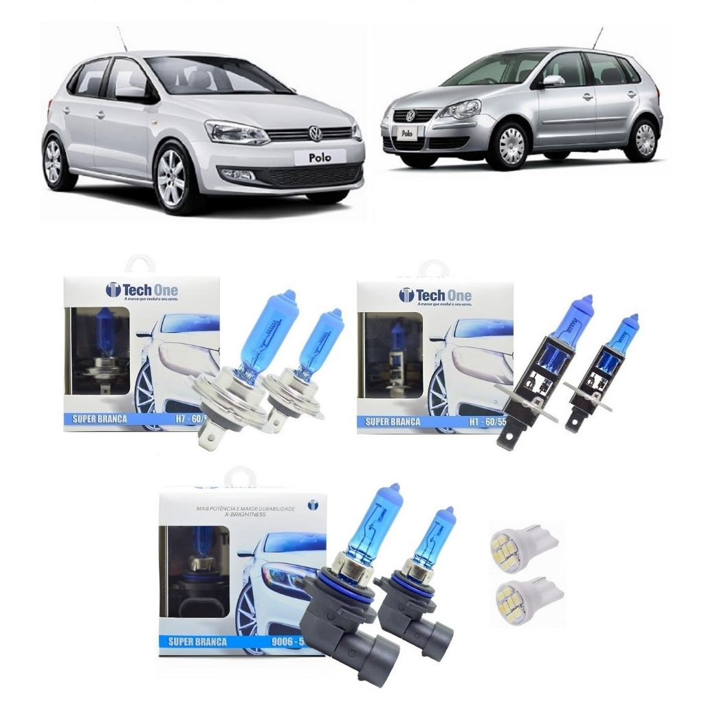 Kit 6 Lampadas Super Brancas para Farol Alto / Baixo e Milha  Modelo H7 / H1 e HB4 com 8500 Kelvins  para Volkswagen Polo Ano 2006 2007 2008 2009 2010 2011 2012 2013 2014 2015  2016 2017 2018 2019 2020