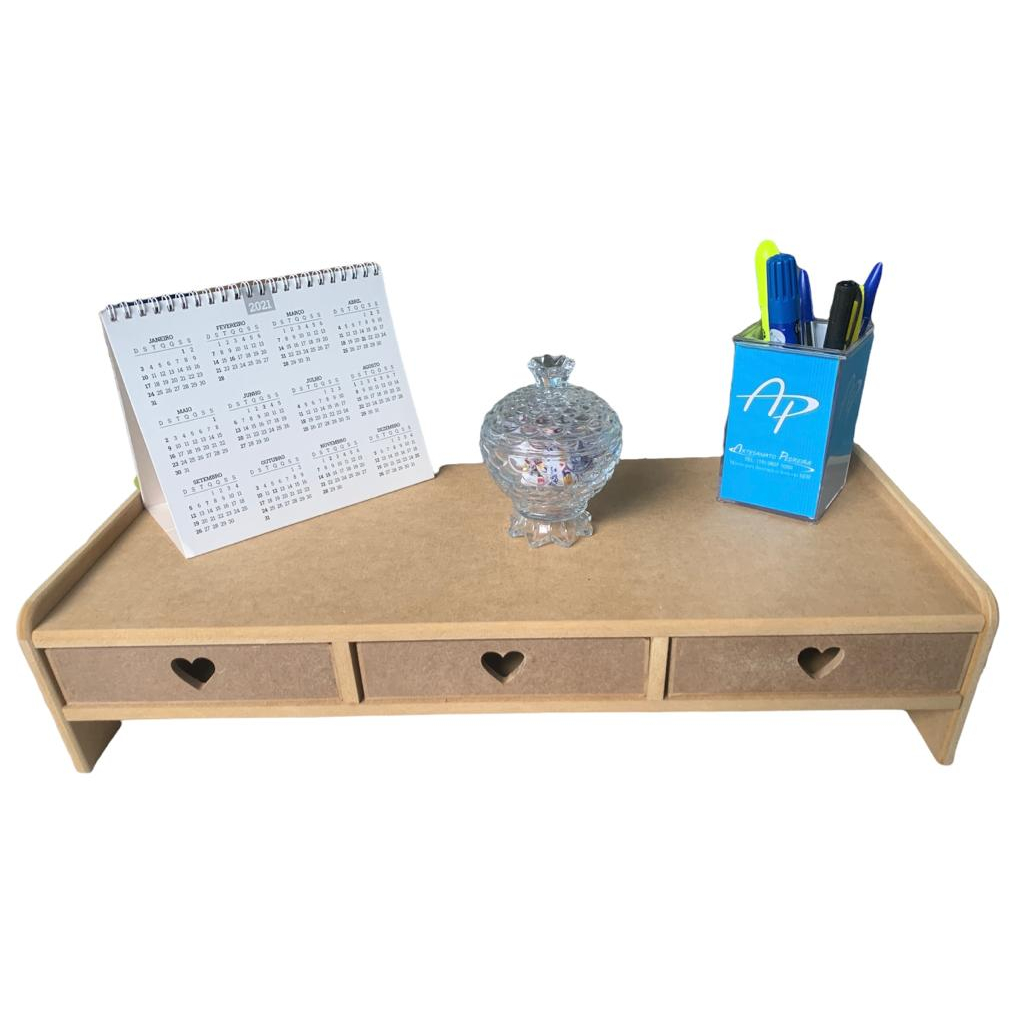 Prateleira Suporte Monitor de Mesa Escritório Organizador MDF Cru c/ 3 Gavetas Coração Envio Rápido