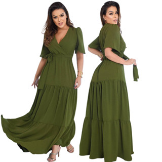 Vestido Liso Longo Manga Curta Tecido Crepe Dunas Acompanha Cinto Variedade de Tamanhos e ...