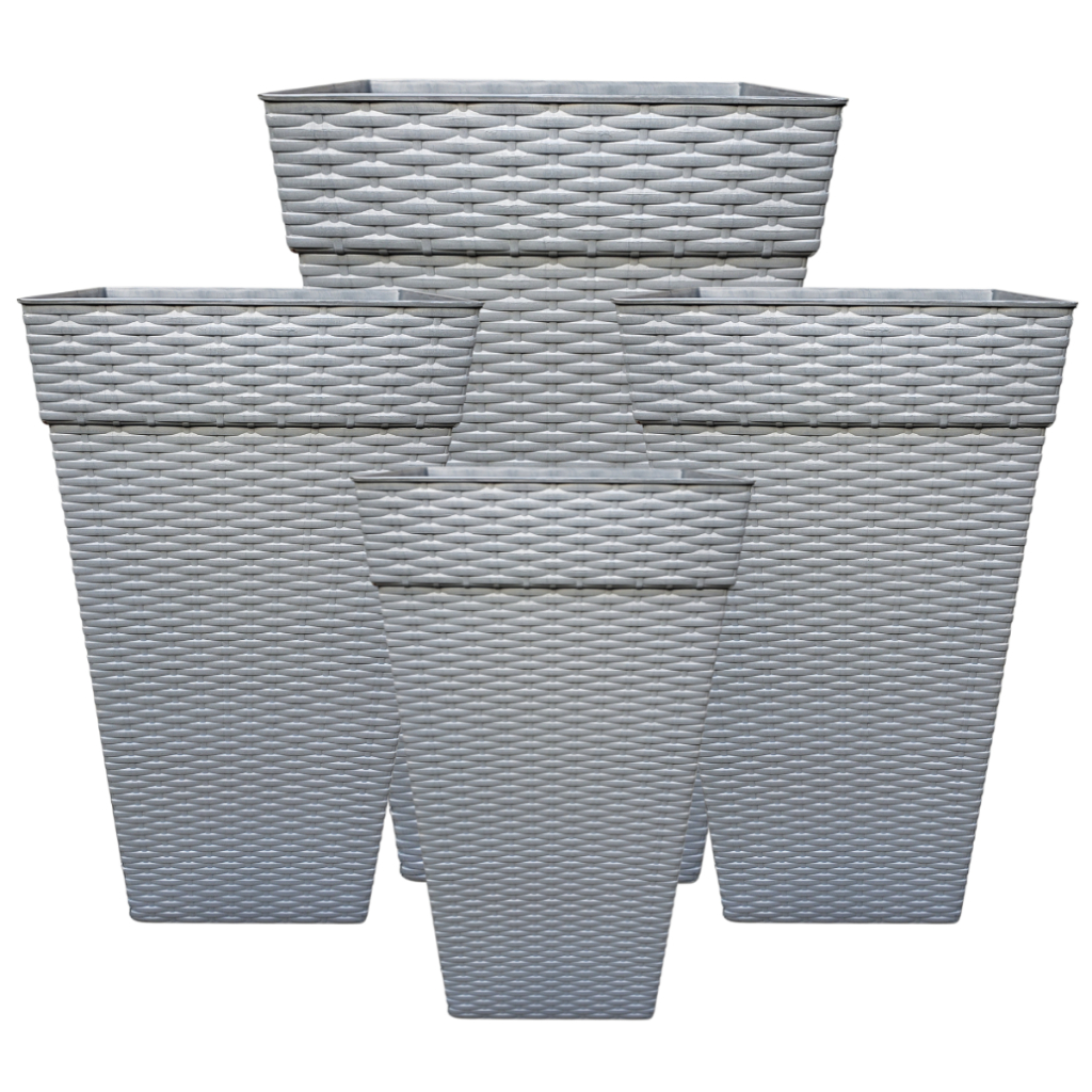 Vaso Grande Quadrado Kit 04 Pçs Rattan Flores E Plantas 28l, 17,5l E 10l Cinza