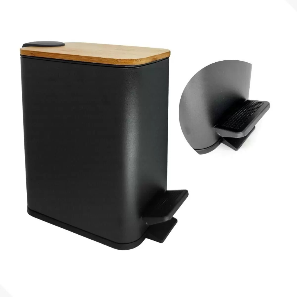 Lixeira Wincy Preta Retangular Lisa 5 Litros Moderna Escritório Cozinha Banheiro Inox Tampa Bambu