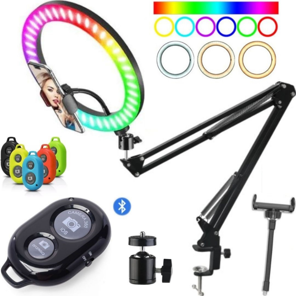 Ring Light De Mesa Articulada Braço Suporte Flexível Para Celular Luz Led Branca Quente E RGB
