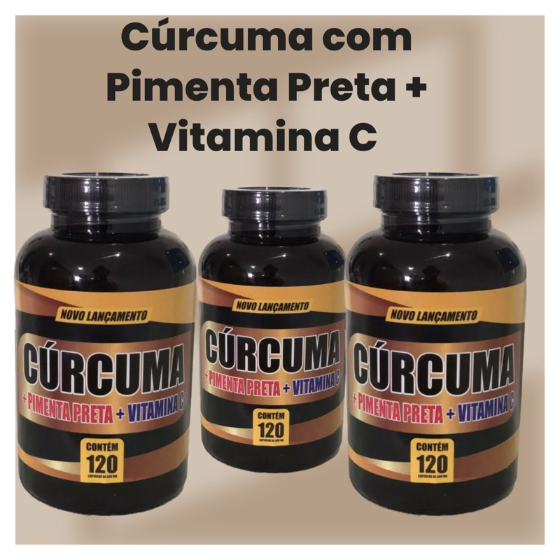 kit com 3 - Cúrcuma + Pimenta Preta + VITAMINA C - 120 cápsulas cada- 500 mg