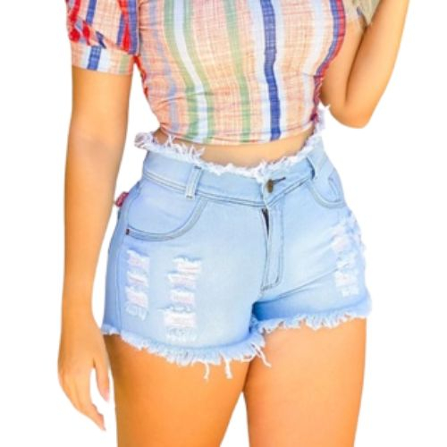 Short Feminino Jeans bermuda Jeans Rasgado Feminino Cintura Alta, Cós Alto Levanta o Bumbum