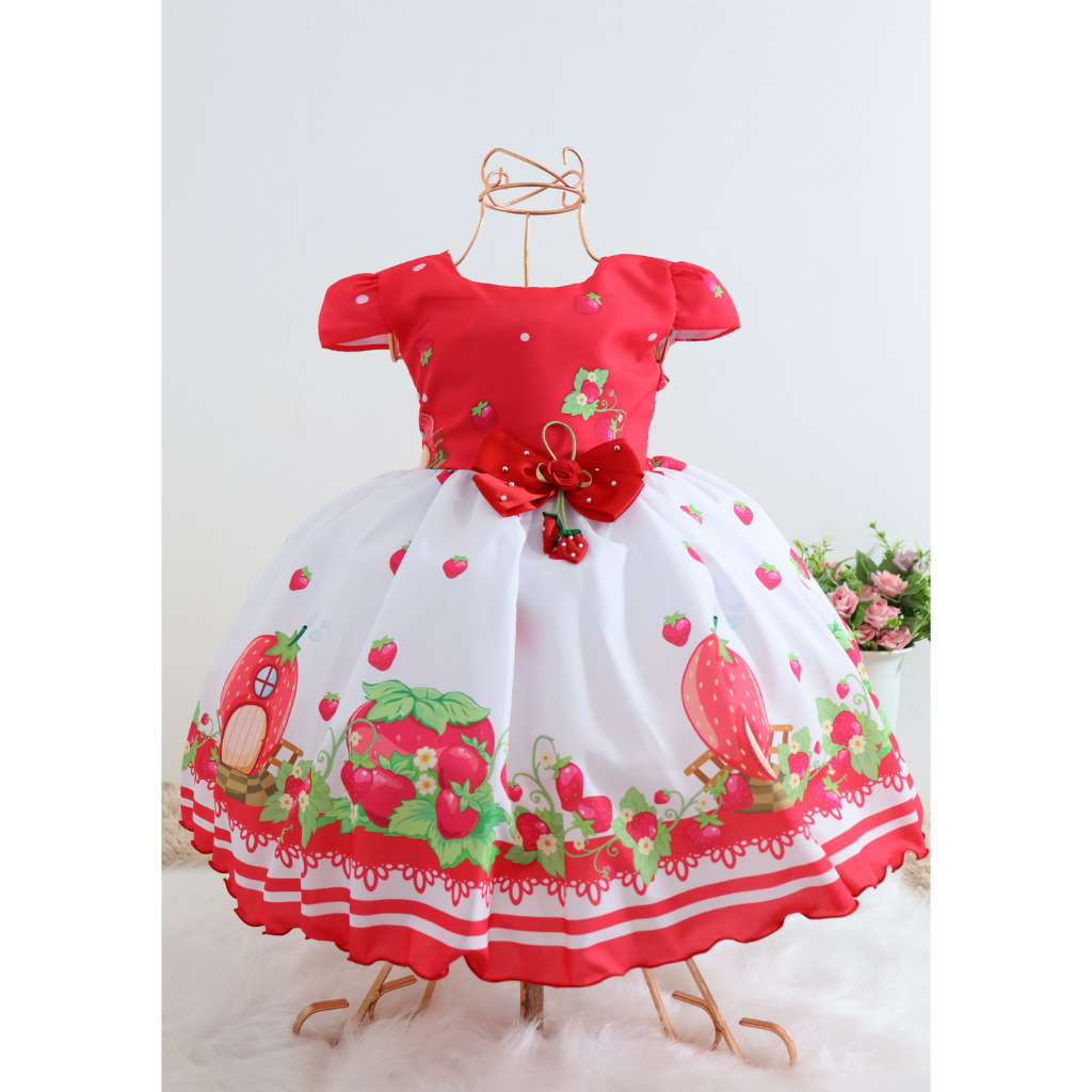 Vestido Moranguinho Infantil de Menina Frutas Vermelho Baby Luxo Temático Festa Aniversário de 1 a 6 Anos