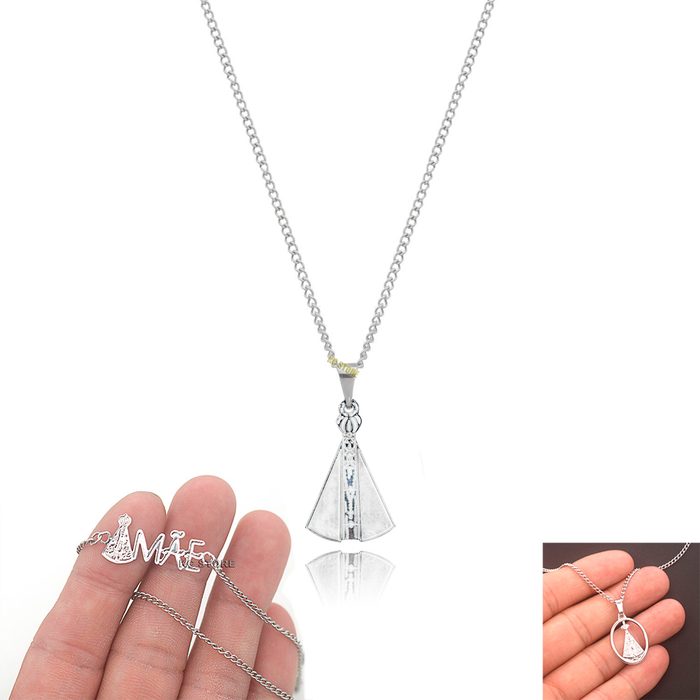colar não mudar a cor banhado nossa senhora aparecida mãe em aço inox antialérgico corrente prateado em Oferta na Shopee