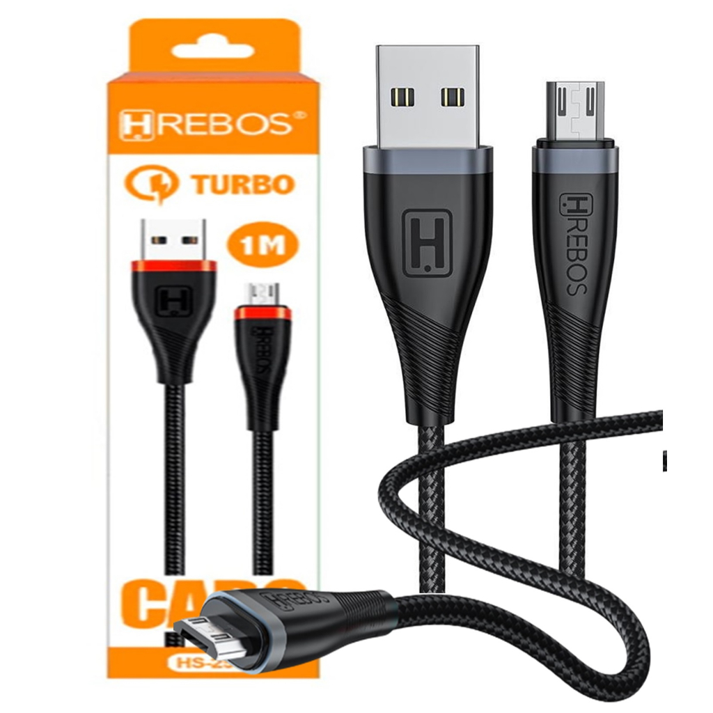 Cabo Micro USB V8 1mt Turbo Black Metal Nylon Carga Rápido 3.0a Hrebos Resistente