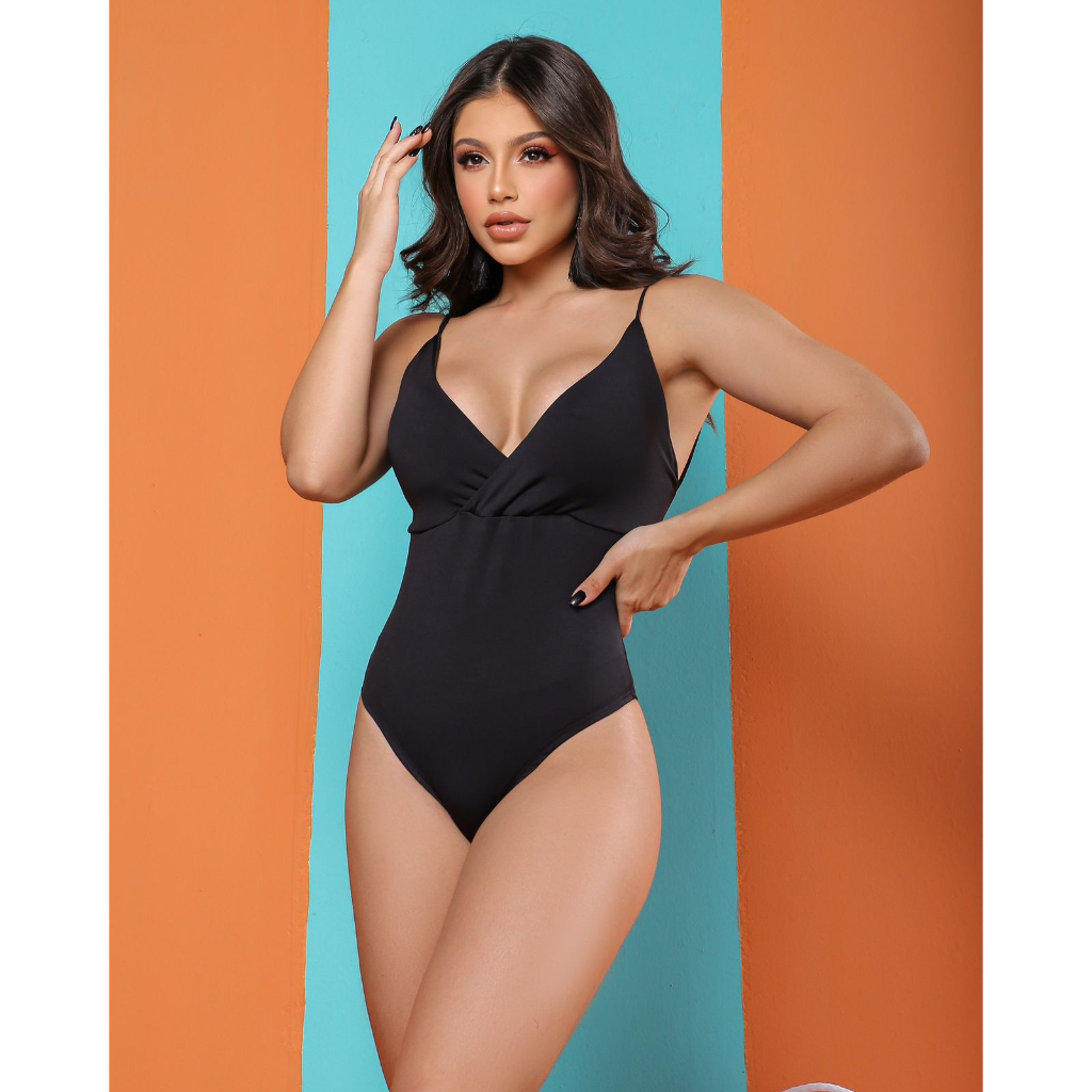 Body Feminino  Decote V Transpassado Alças Body Maiô com Bojo