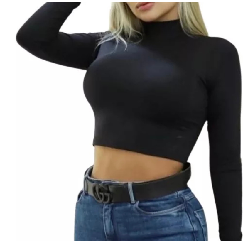 Blusa Cropped Manga longa Malha Canelada Gola Alta