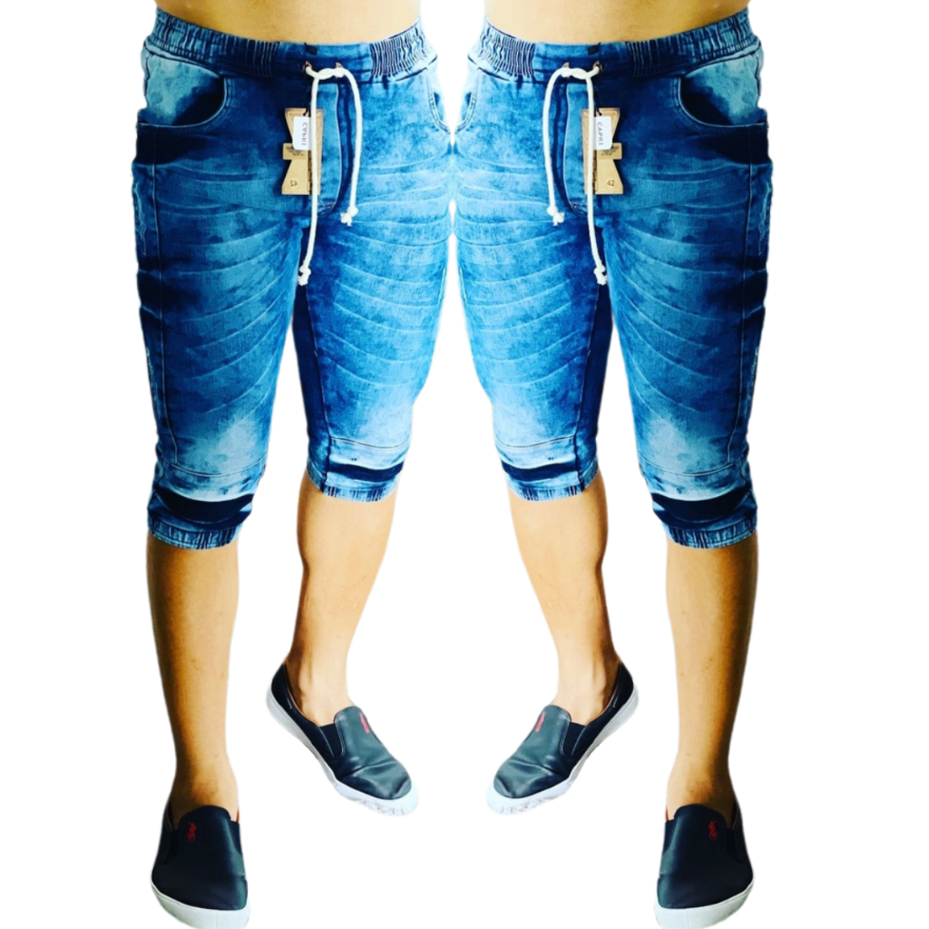 Calça jogger jeans Capri Masculina e Feminina Jogger Sarja Brim Punho Destroyed Rasgada