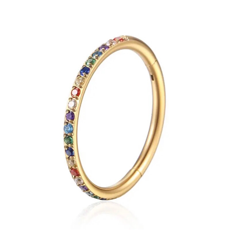 Piercing argola 10mm Dourado com Zircônias Coloridas | Clicker conch daith cravejado orelha gold pedras cristais 1.2mm segmentado articulado joia corporal body unissex