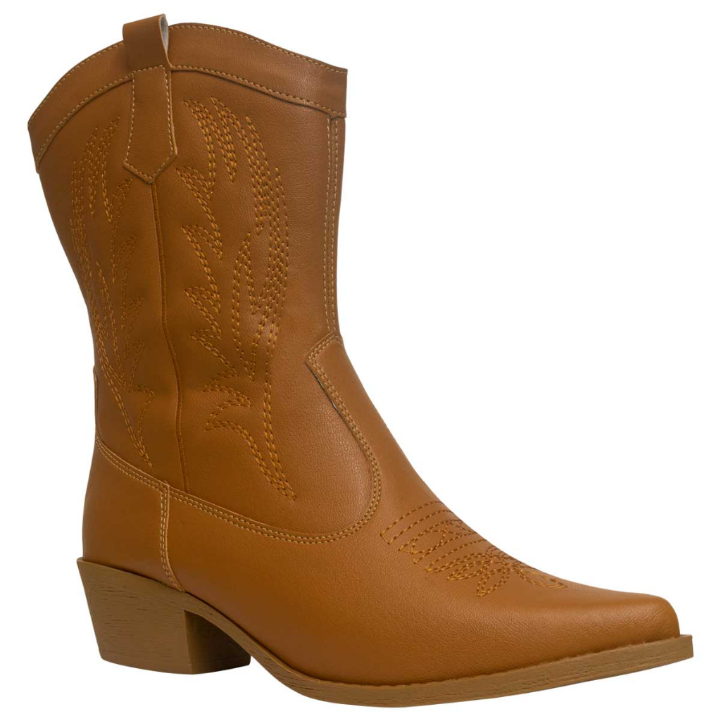 Bota Western Feminina Texana Bordada Cano Médio Salto Grosso Bico Fino Confortável