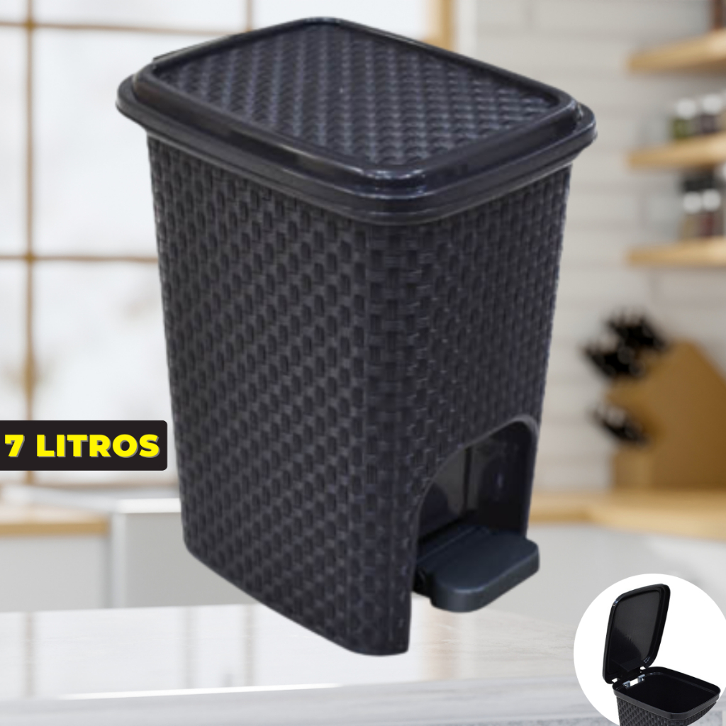 Lixeira 7 Litros Cesto de Lixo Com Tampa Pedal Para Cozinha Banheiro Escritório Rattan Reforçada Plástico Preta em Oferta na Shopee