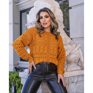 Blusa de Frio Feminina Tricot Manga Longa Com Gominhos Quadrados Coleção de Tricô Inverno 2023