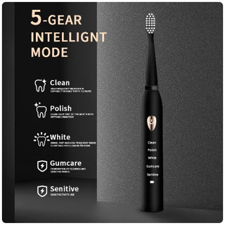 Escova de Dentes / Jianpai-Toothbrush elétrico acústico clássico para adulto, modo 5-Gear, carregamento USB, IPX7 impermeável, preto e branco