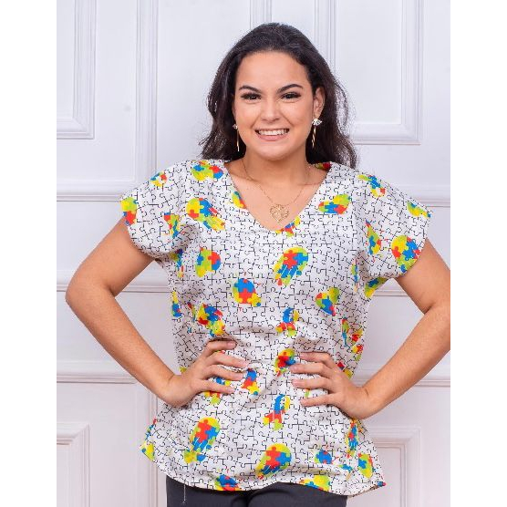 Blusa Bata Scrub Pijama Cirúrgico Estampado - AUTISMO BRANCO - Psicologia, Odontologia, Fonoaudiologia, Medicina, Enfermagem, Area da Saude