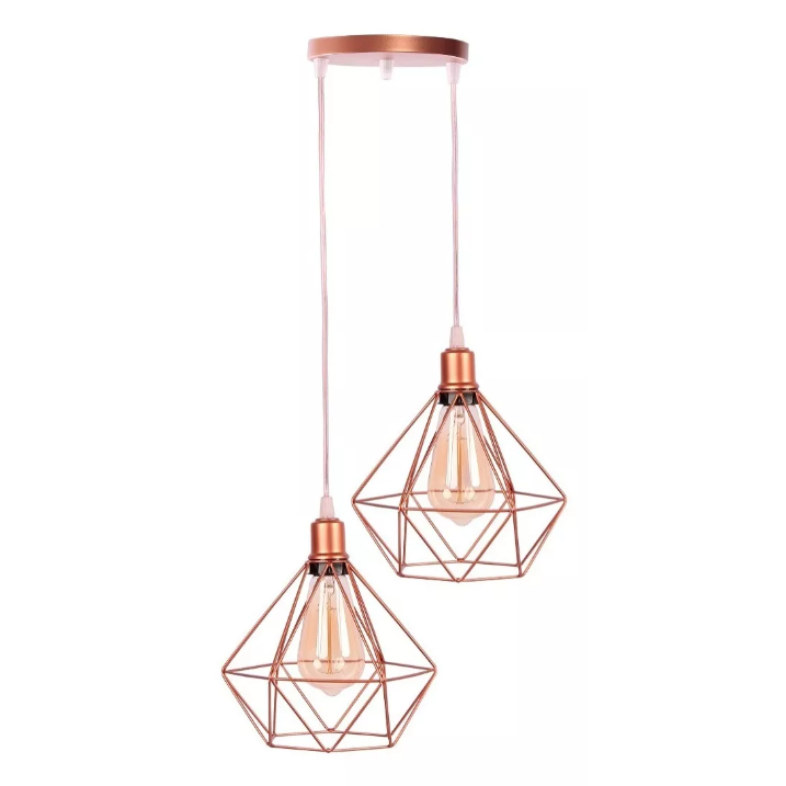 2 Pendentes Lustre Luminarias Diamante Aramado Duplo Canopla Única Rose Gold Cabo Regulavél