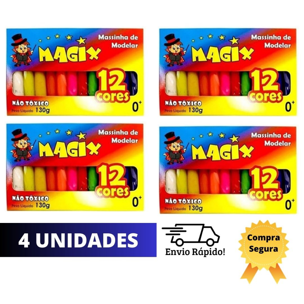 Massinha de Modelar 12 Cores - 4 Unidades - Não Tóxica - Escolar / Diversão / Criatividade em Oferta na Shopee