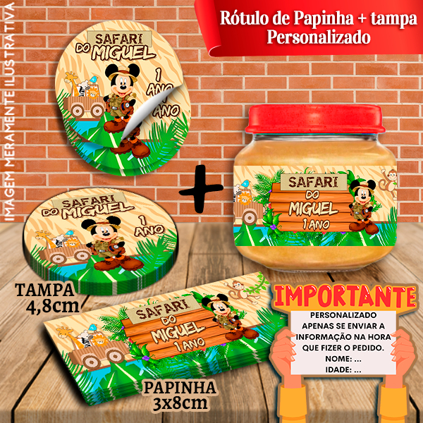 Kit 10 pares de Rótulos Adesivos de Potes e Tampas de Papinha Mickey Safari