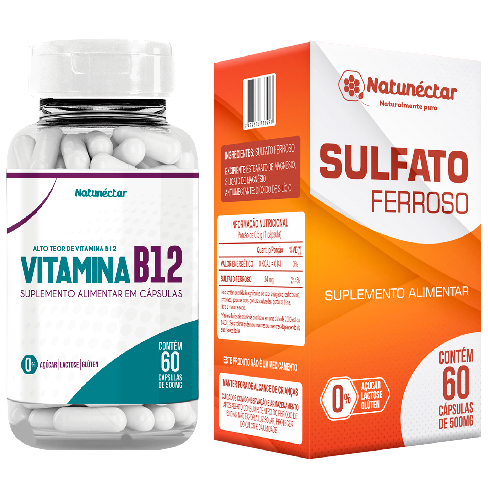 Kit Combate Anemia Ferro Sulfato Ferroso + Vitamina B12 Homem Mulher 500mg - Natunéctar