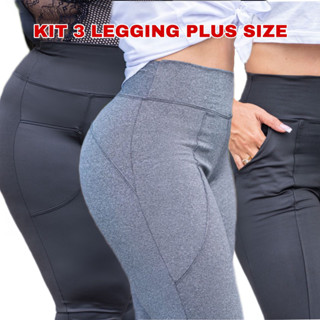 Kit 3 Calças Legging Plus Size Feminina Cós Alto Suplex Grossa Não Fica Transparente M ao G3