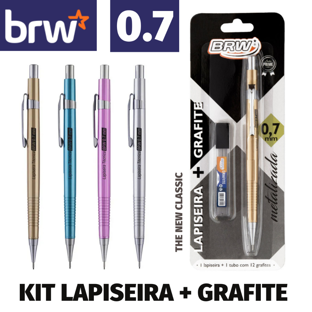 Kit Lapiseira 0.7mm + Grafite BRW - Cores Metalizadas Tom Pastel - Prata, Dourada, Azul e Rosa